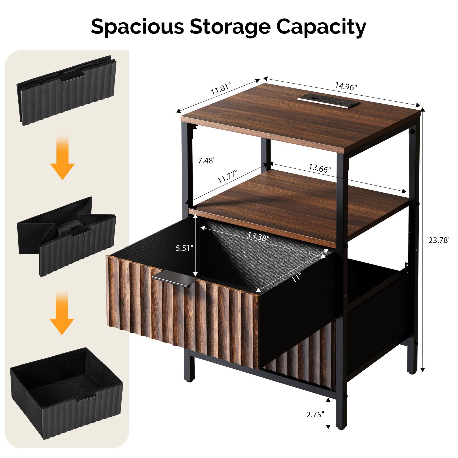 Spacious Storage Capacity

- 11.81"
- 14.96"
- 7.48"
- 11.77"
- 13.66"
- 5.51"
- 13.38"
- 23.78"
- 11"
- 2.75"