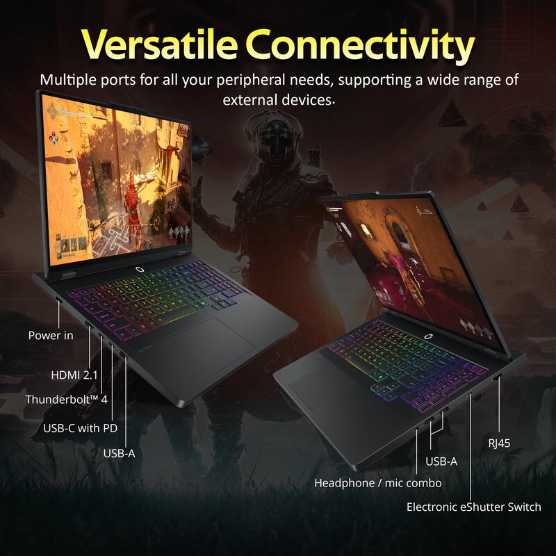 Versatile Connectivity  
Multiple ports for all your peripheral needs, supporting a wide range of external devices.  

- Power in  
- HDMI 2.1  
- Thunderbolt™ 4  
- USB-C with PD  
- USB-A  
- RJ45  
- Headphone / mic combo  
- Electronic eShutter Switch