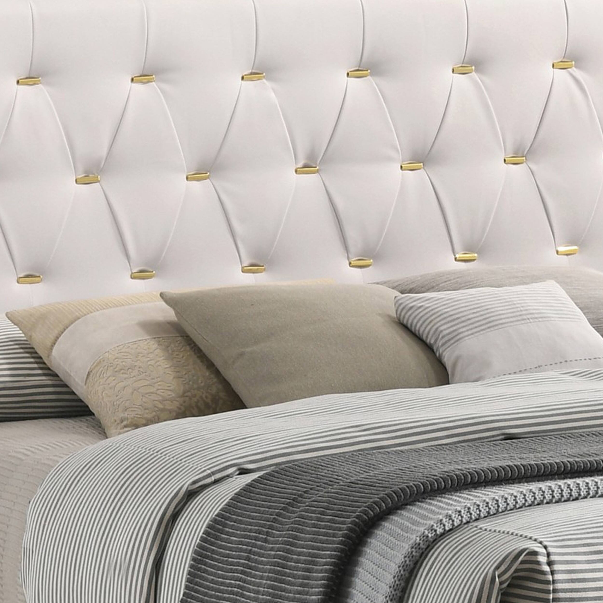 Alt View 2. Manhattan Lane - Lif Platform Queen Size Bed, Panel Tufted Headboard, Gold Legs White Velvet - White, Black, Gold.