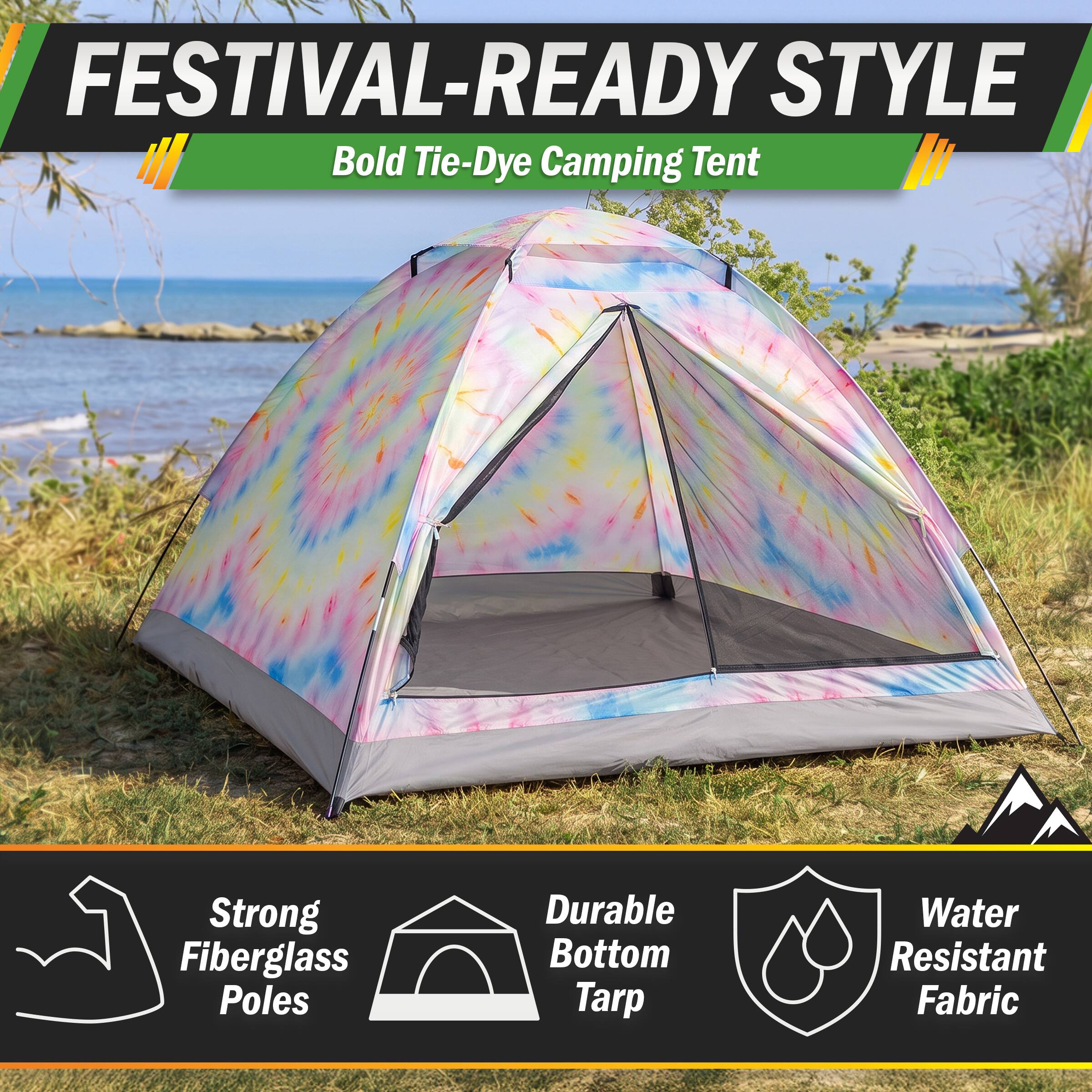 FESTIVAL-READY STYLE  
Bold Tie-Dye Camping Tent

Strong Fiberglass Poles  
Durable Bottom Tarp  
Water Resistant Fabric