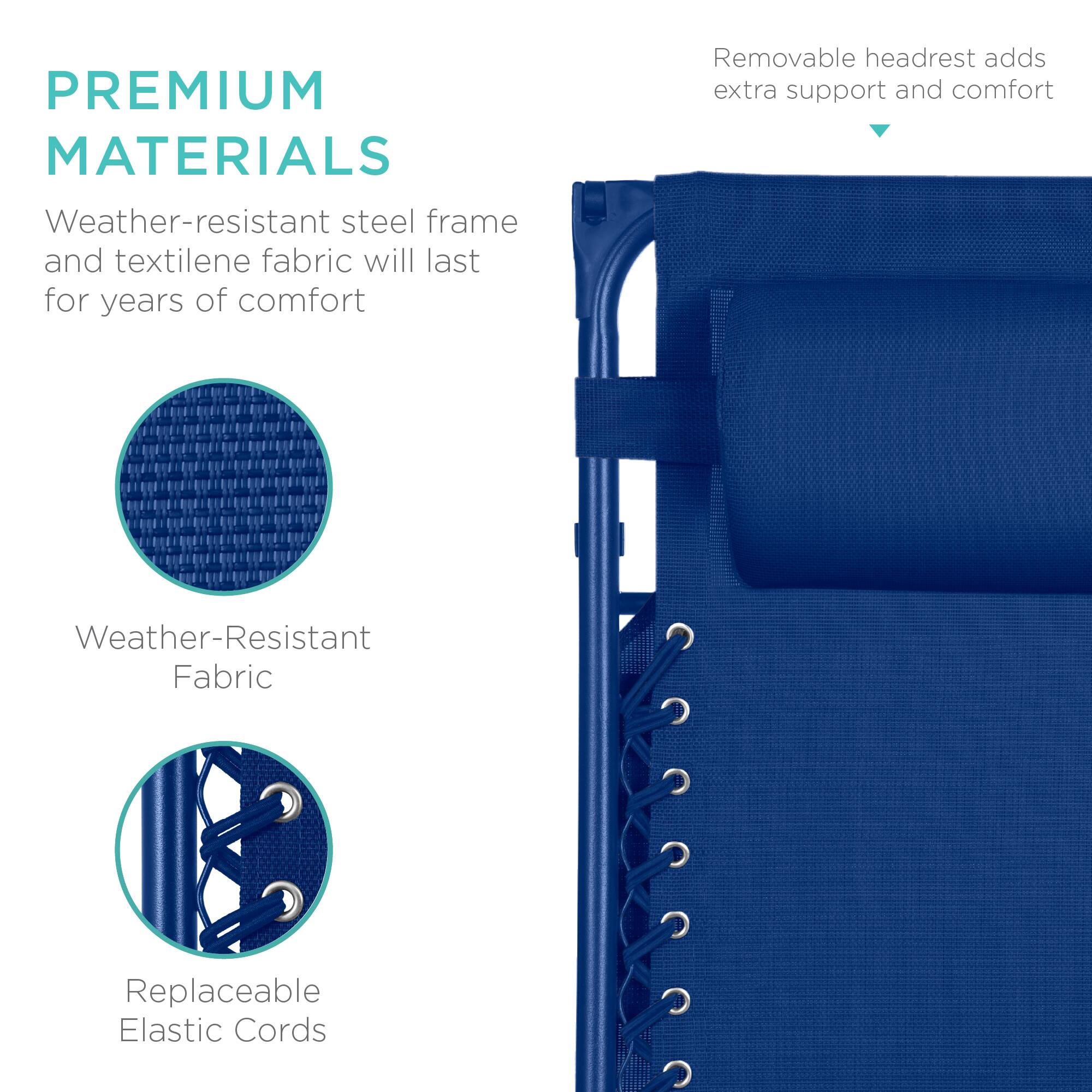 **PREMIUM MATERIALS**

- Weather-resistant steel frame and textilene fabric will last for years of comfort
- Removable headrest adds extra support and comfort
- Weather-Resistant Fabric
- Replaceable Elastic Cords