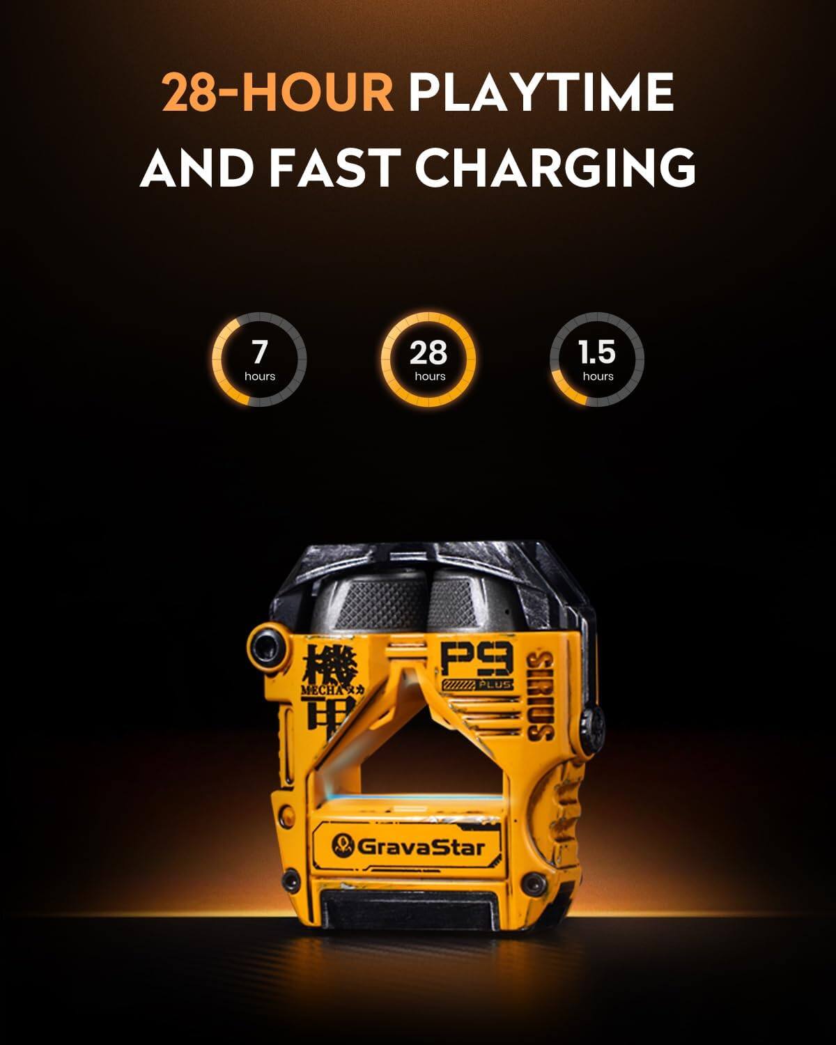 28-HOUR PLAYTIME AND FAST CHARGING

7 hours
28 hours
1.5 hours

MECHA P9
SIRIUS
GravaStar