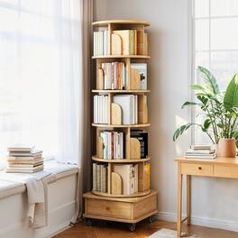 GOODSILO - 6-Tier Rotating Bookshelf with Wheels and Drawer for Space-Saving Storage in Home or Office - Wood