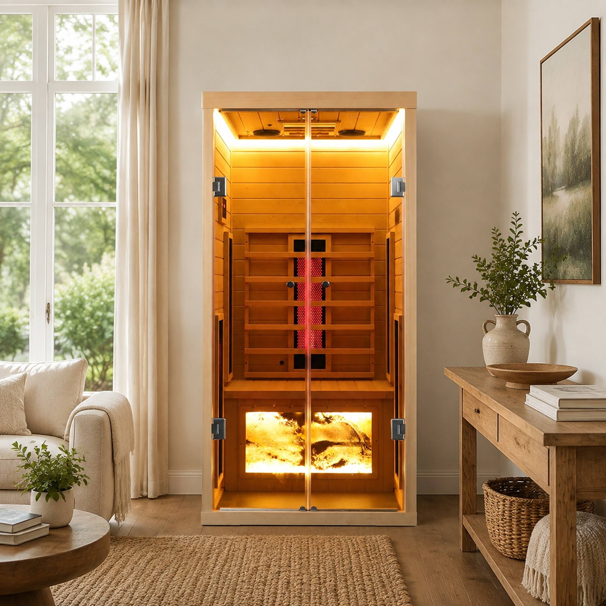 Alt View 1. RYHNUYNE - One Person Hemlock Sauna, Eastern Canadian Hemlock Wood, 1760 W Far Infrared Heating, Low EMF, Bluetooth Speakers - Natural.