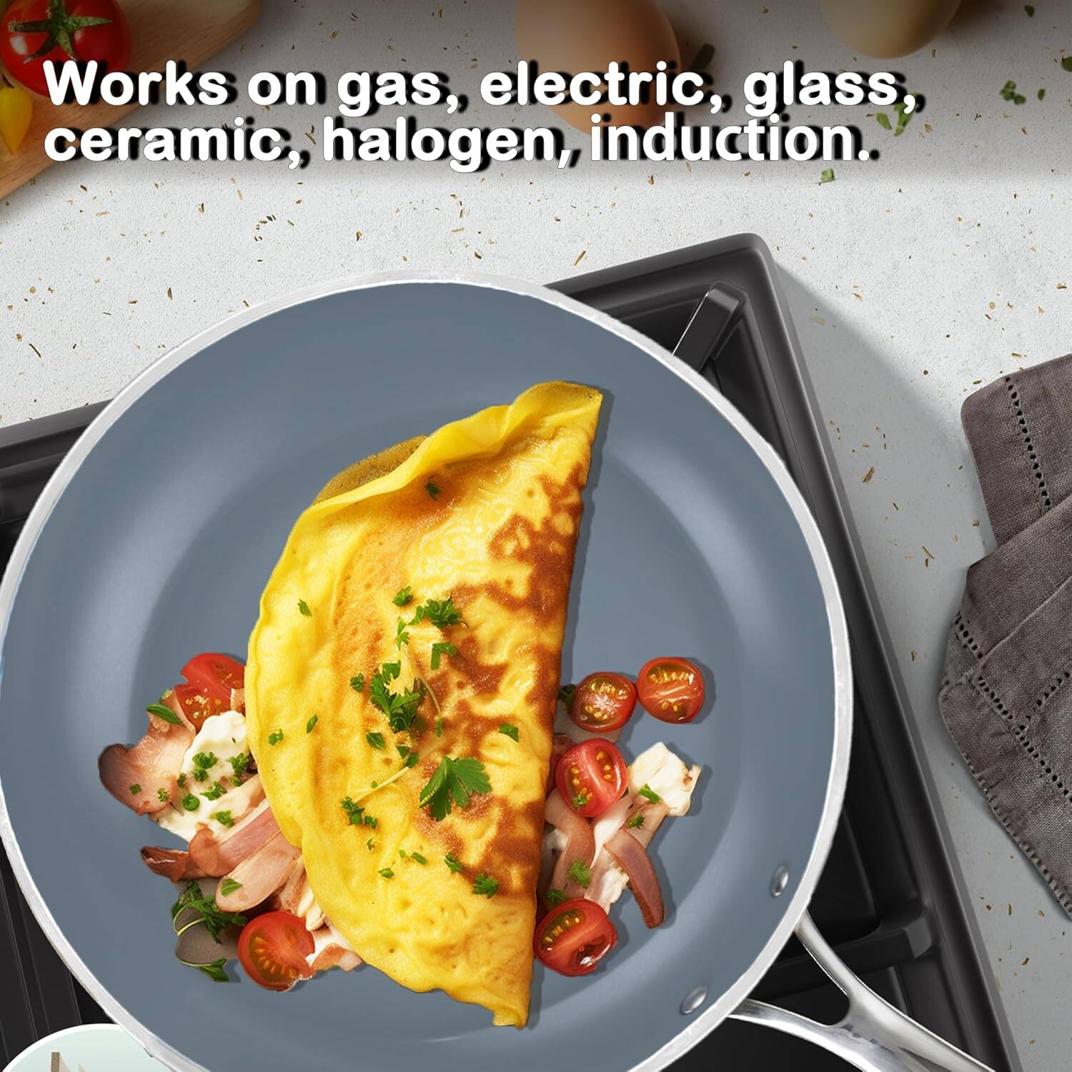 Works on gas, electric, glass, ceramic, halogen, induction.