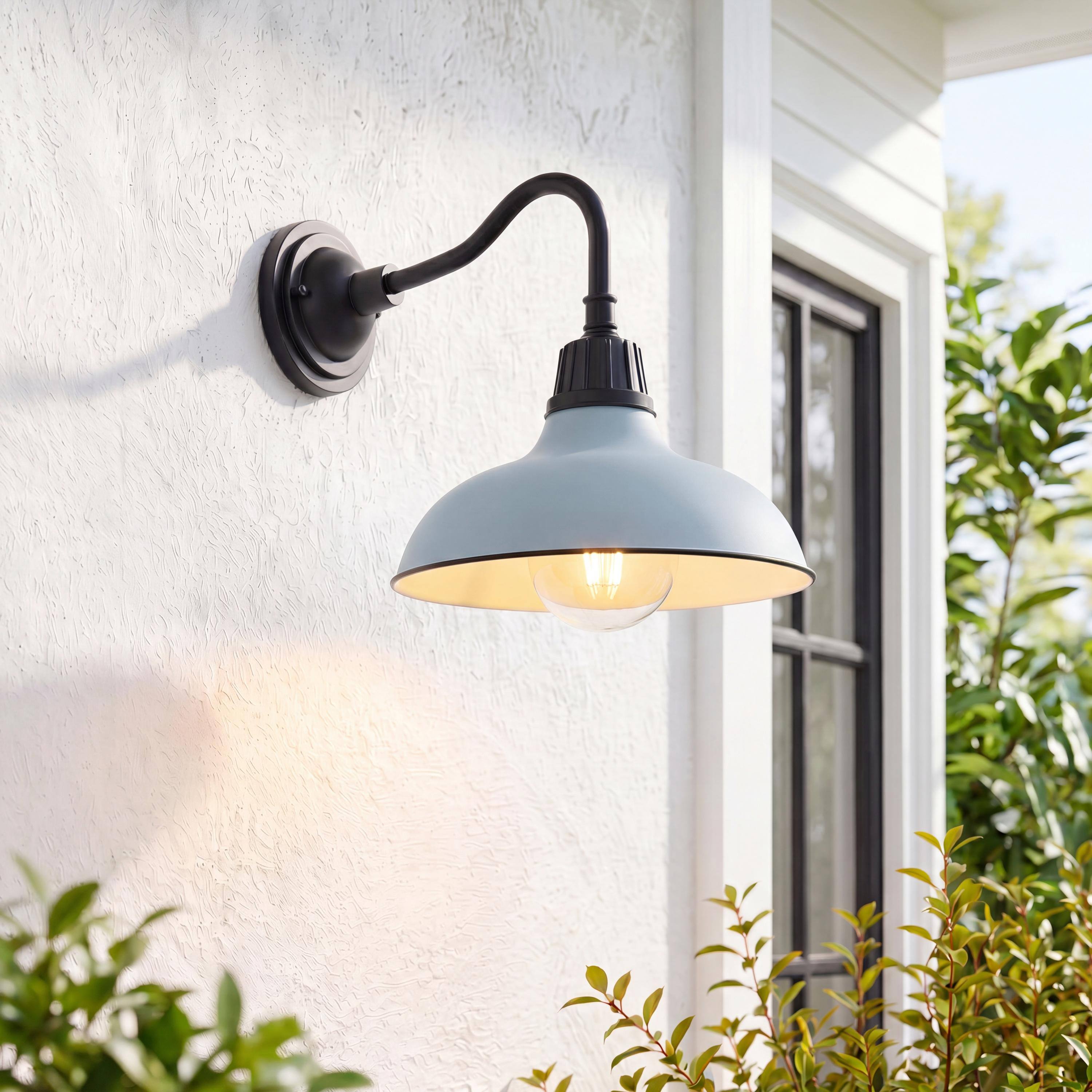 Alt View 1. Jonathan Y - Aurora 12.25" 1-Light Farmhouse Industrial Indoor/Outdoor Iron LED Gooseneck Arm Outdoor Sconce, Matte Silver Blue - Matte Silver Blue/Black.