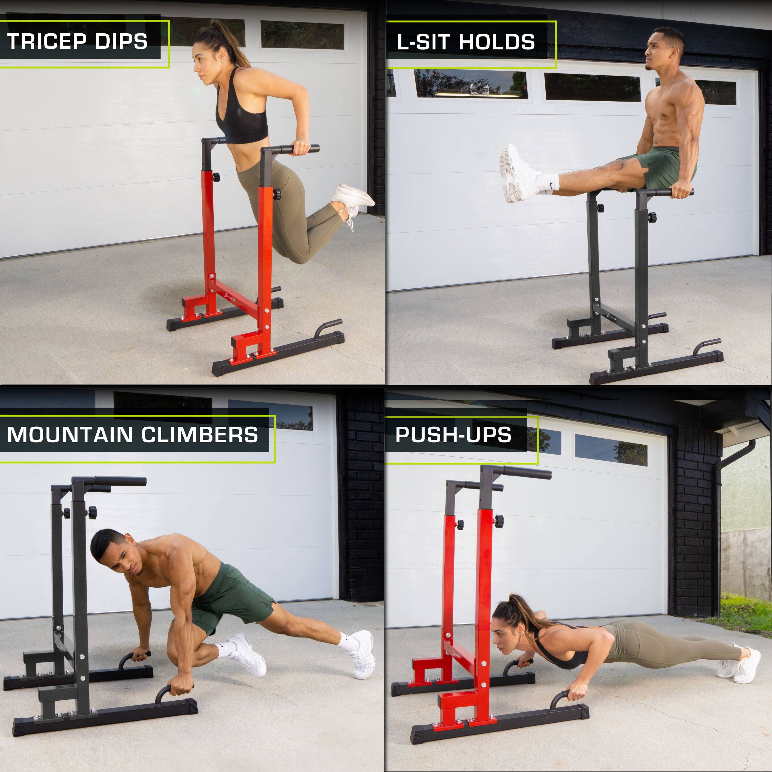 TRICEP DIPS, L-SIT HOLDS, MOUNTAIN CLIMBERS, PUSH-UPS