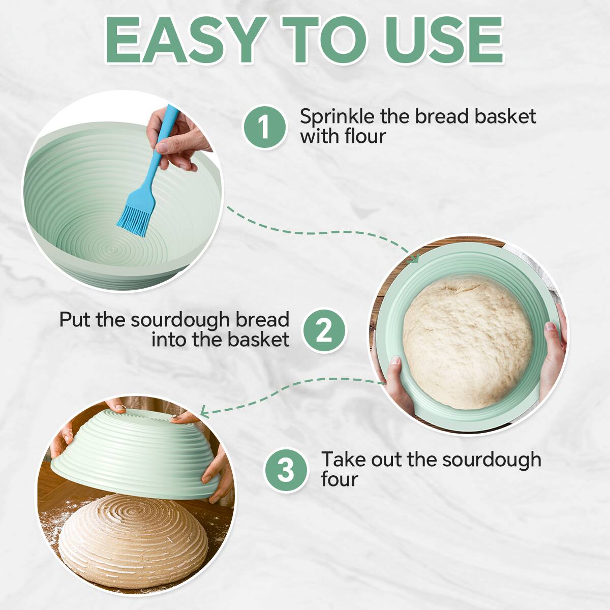 EASY TO USE

1. Sprinkle the bread basket with flour
2. Put the sourdough bread into the basket
3. Take out the sourdough four
