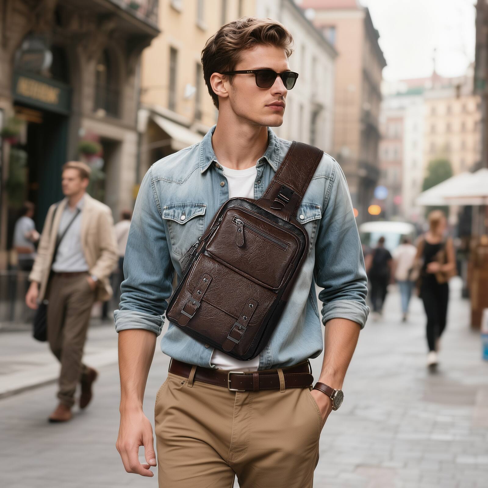 Alt View 1. Unique Bargains - Vintage PU Leather Sling Backpack Crossbody Shoulder Bag with Adjustable Strap Multi-Pocket Compact Travel Chest Bag - Dark Brown.