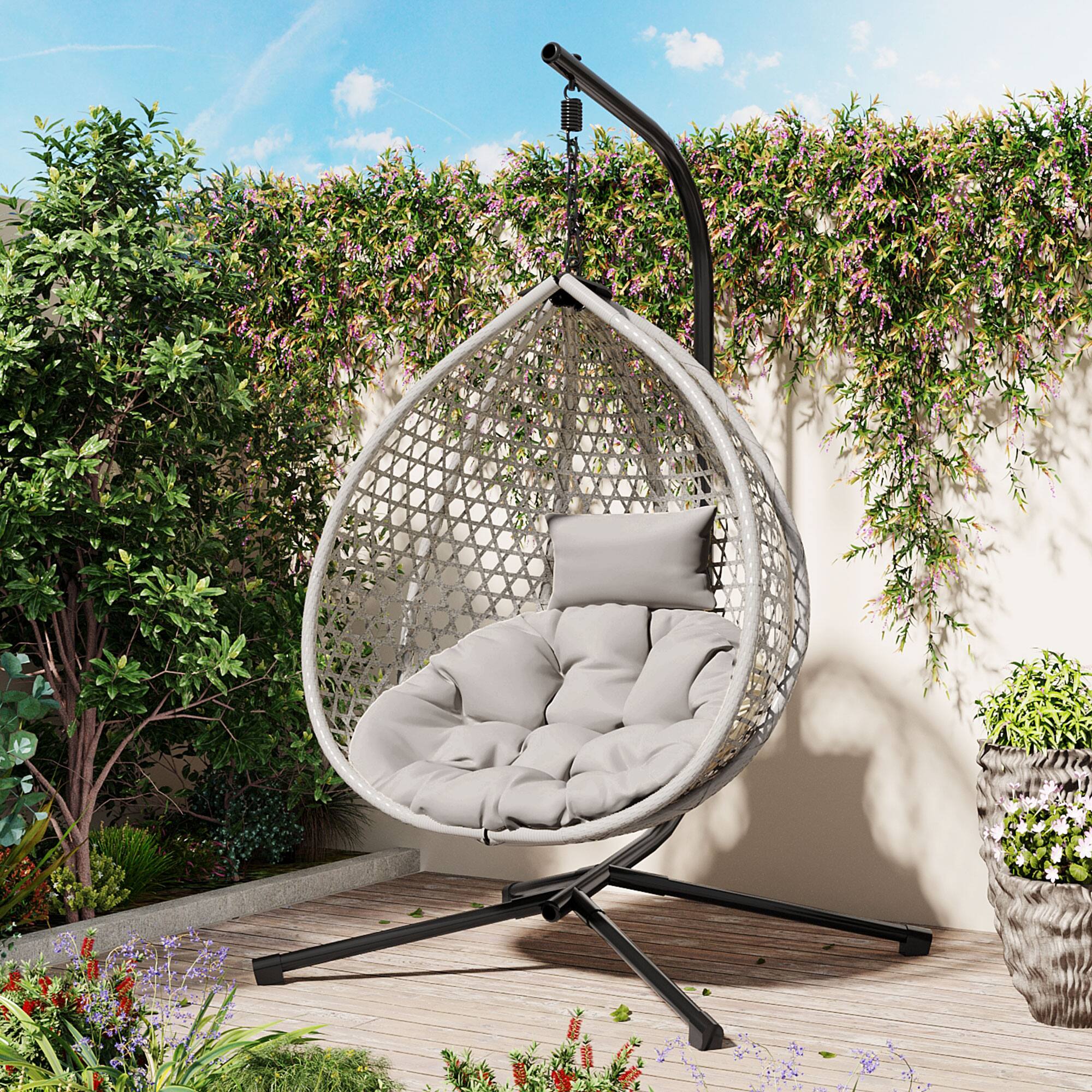 Left. Mondawe - Outdoor Swing chairs with Soft Removable Cushion and Rattan Weaving - Gray.