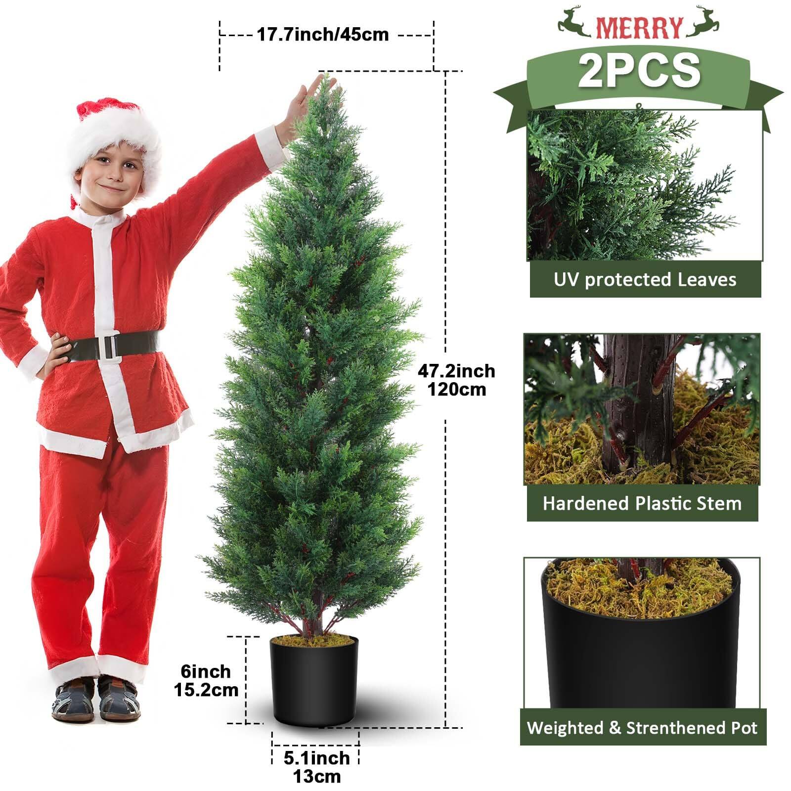 - 17.7 inch / 45 cm
- 47.2 inch / 120 cm
- 6 inch / 15.2 cm
- 5.1 inch / 13 cm

- 2PCS
- UV protected Leaves
- Hardened Plastic Stem
- Weighted & Strenthened Pot