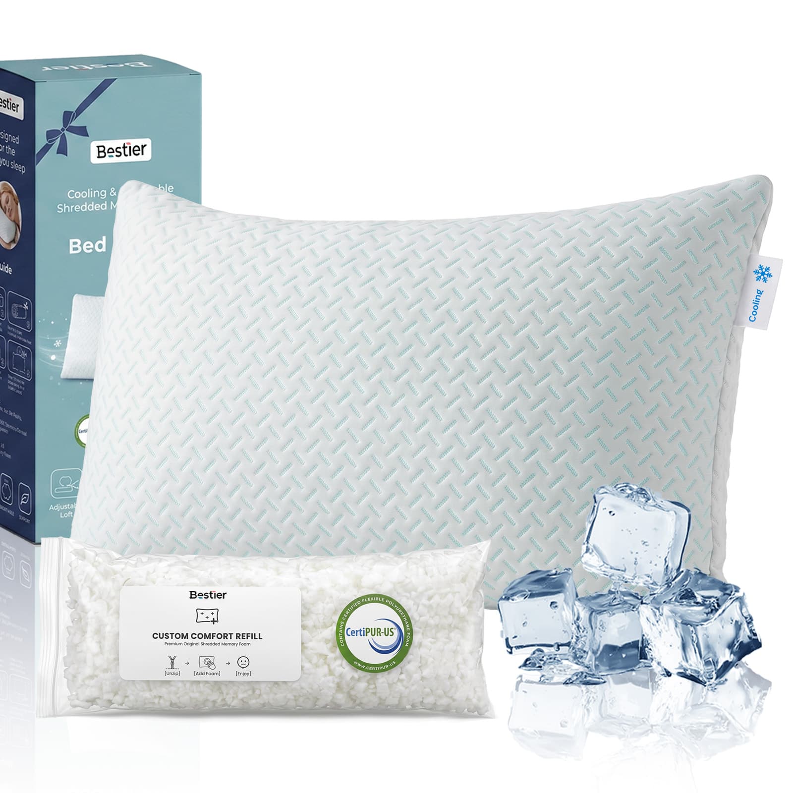Bestier - Adjustable Memory Foam Pillows, Dual-Sided Cooling & Bamboo Cover, All Sleeper Neck Support - White