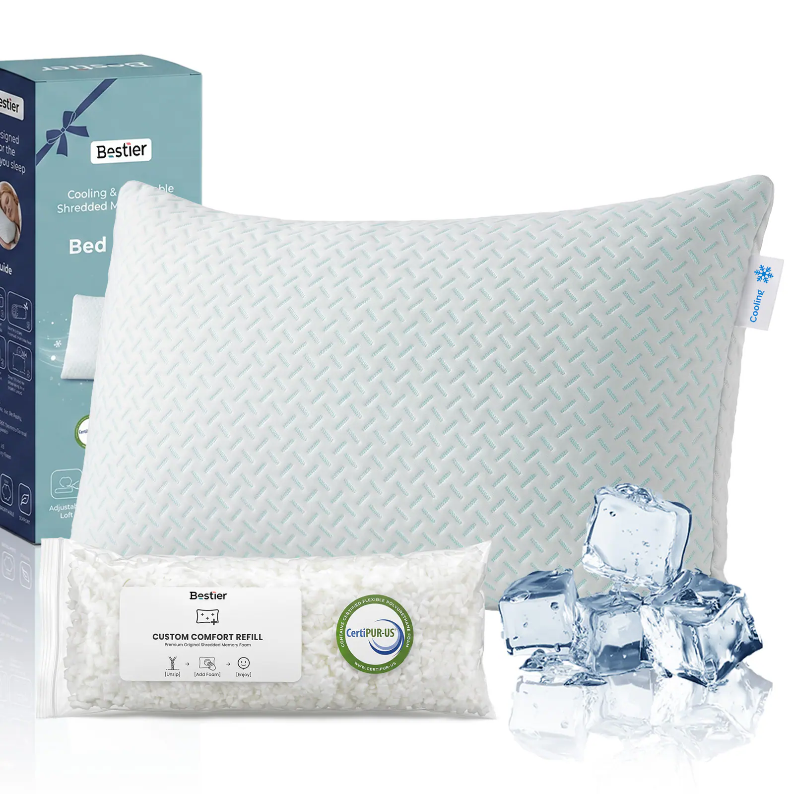 Bestier estier signed: the Bestier UO Seep & ble Cooling Shredded M  
uide  
Bed  
Cooling  
Adjusta Loft  
Bestier CUSTOM COMFORT REFILL Premium Original SYWAKED wemony foom 1 [Uncip] Add Foom) play  
FLEXIBLE CERTIFIED POLTORE CONTAINS CertiPUR-US MARE FEAM OFF CERTIPUR-UP