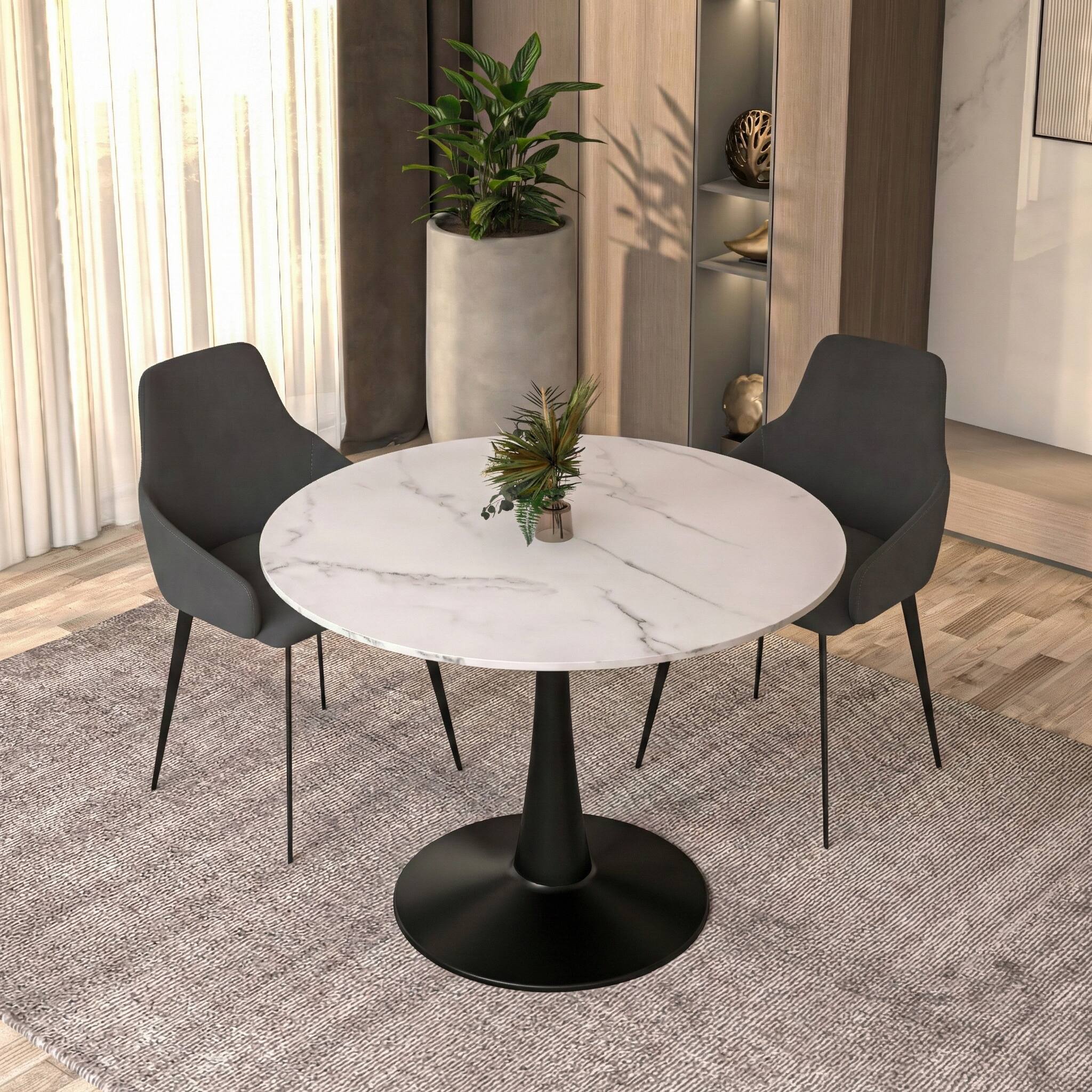 Left. LeisureMod - Bristol 40" Minimalist Round Pedestal Dining Table - Space-Saving Kitchen Table with Powder-Coated Steel Base - MDF - Marbled White.