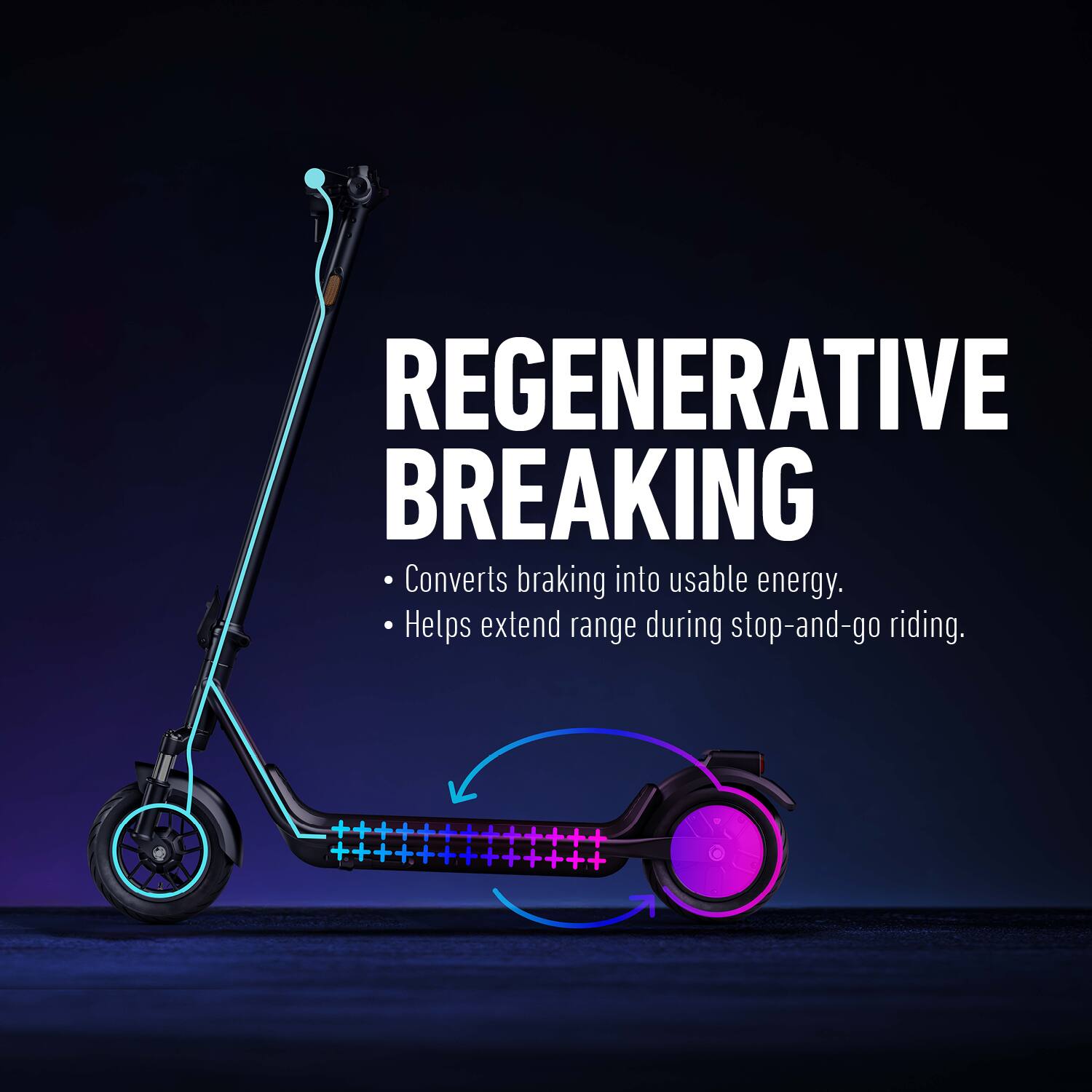 REGENERATIVE BREAKING  
Converts braking into usable energy.  
Helps extend range during stop-and-go riding.