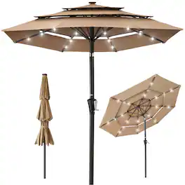Best Choice Products - 10ft 3-Tier Solar Patio Umbrella w/ 24 LED Lights, Tilt Adjustment, Easy Crank - Tan