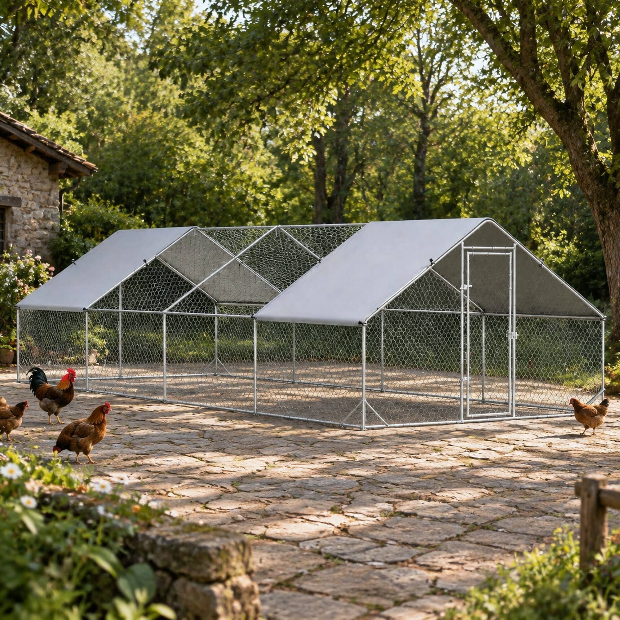 Angle. RYHNUYNE - 9.8 ft x 26.2 ft Metal Chicken Run, Walk-in Coop, Galvanized Steel Frame, Shady Roof.