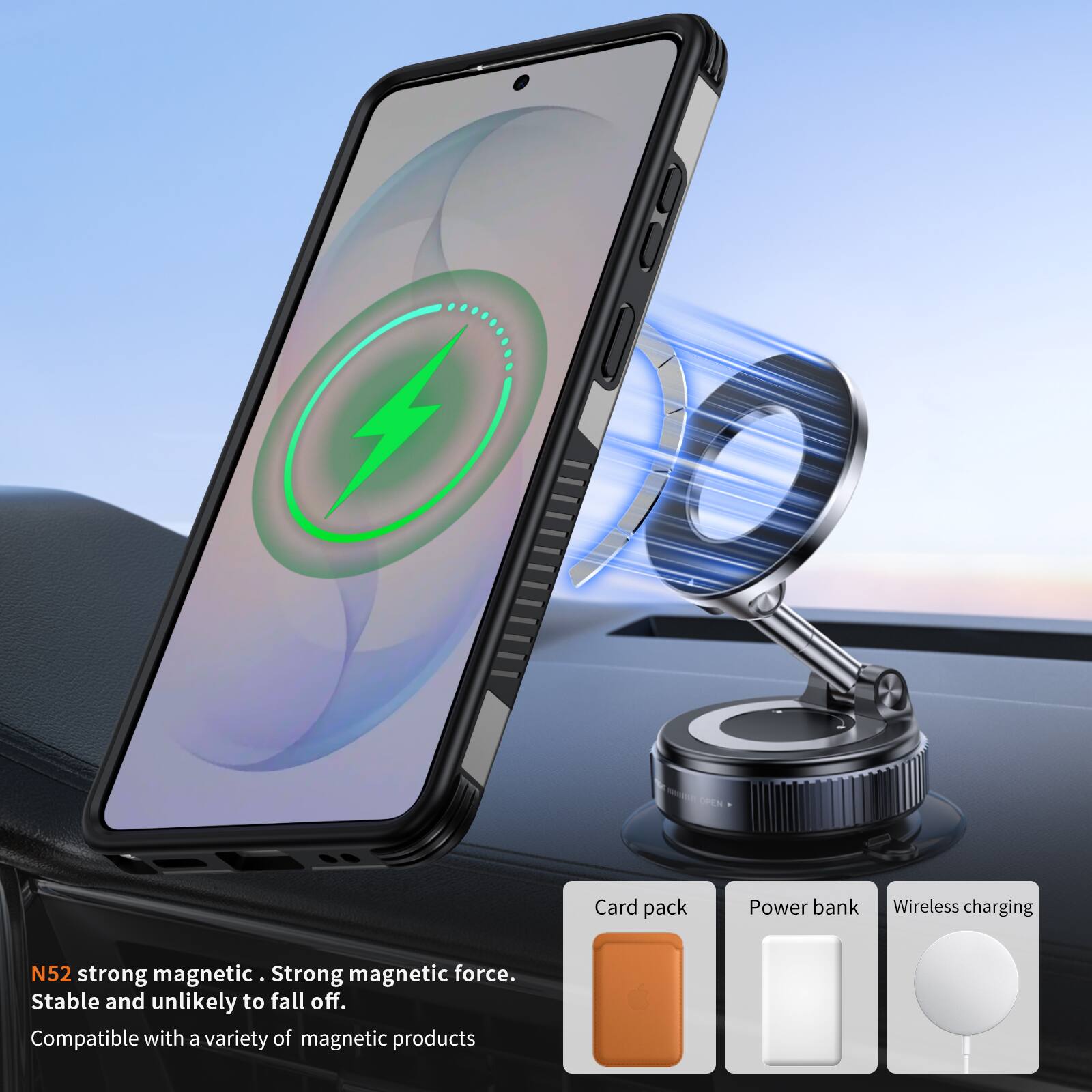 OPEN

Card pack  
Power bank  
Wireless charging  

N52 strong magnetic. Strong magnetic force. Stable and unlikely to fall off. Compatible with a variety of magnetic products