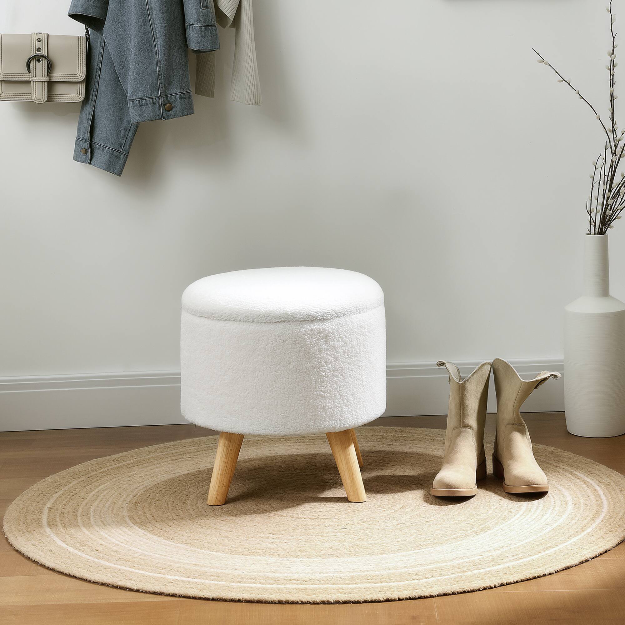 Alt View 9. Homcom - Round Storage Ottoman, Linen Fabric Foot Stool with Removable Top, Small Foot Rest with Hidden Space for Living Room - White.