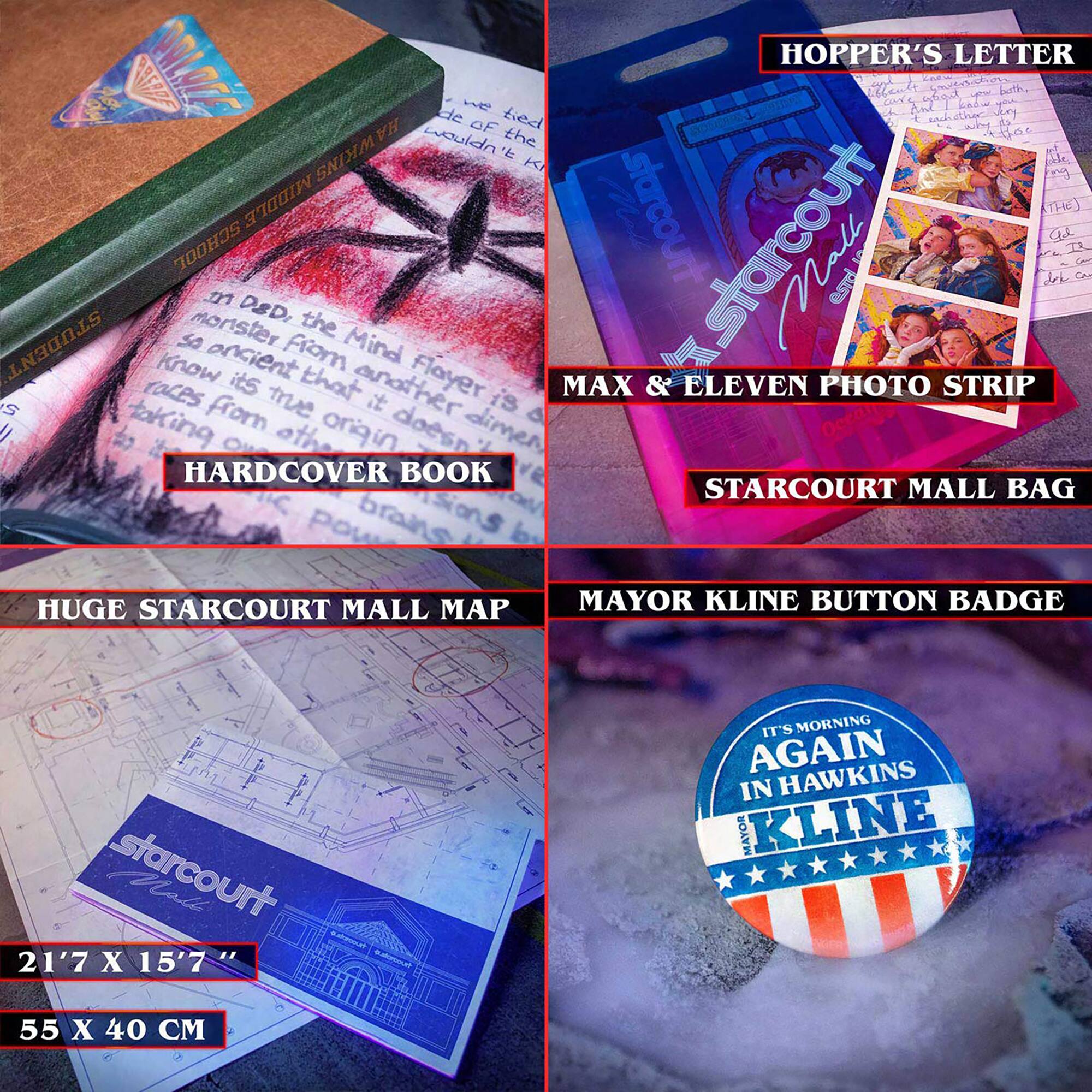 The text on the image can be grouped and corrected as follows:

1. Hopper's Letter: This refers to a letter written by Hopper, a character from the Stranger Things series.
2. Hardcover Book: This refers to a book about the Stranger Things series.
3. Starcourt Mall Bag: This is a bag related to the Starcourt Mall, a location in the Stranger Things series.
4. Huge Starcourt Mall Map: This is a map of the Starcourt Mall.
5. Mayor Kline Button Badge: This is a button badge featuring the character Mayor Kline from the Stranger Things series.
6. It's Morning Again in Hawkins: This is a reference to the Stranger Things series, specifically the ending of Season 2.