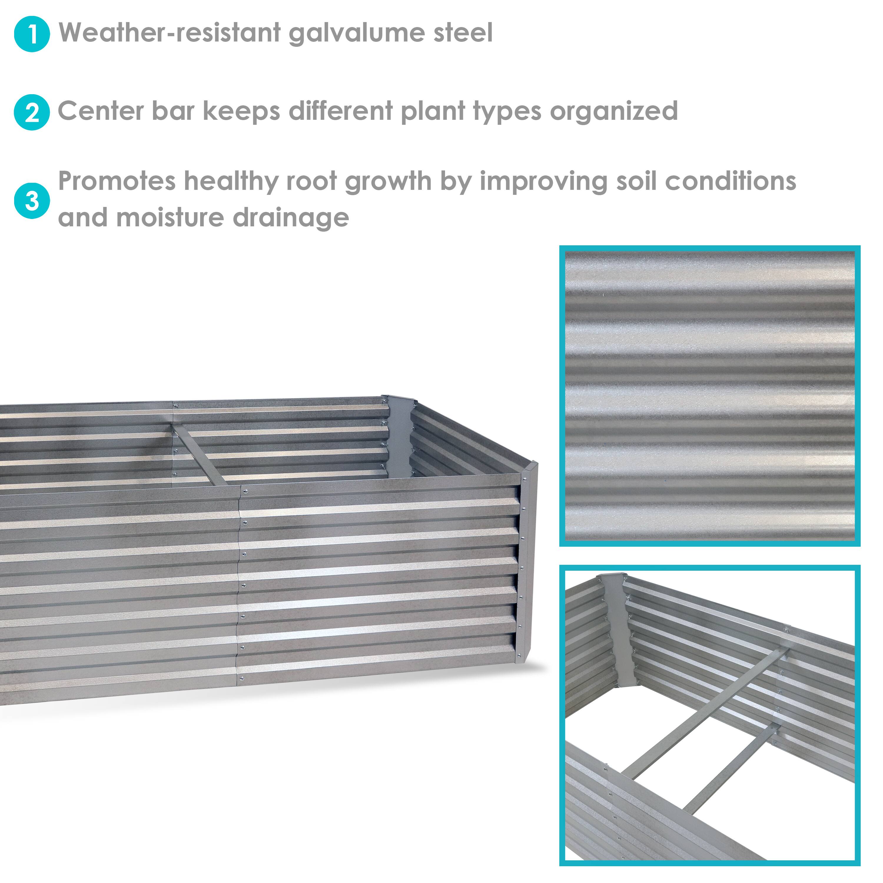 1. Weather-resistant galvalume steel  
2. Center bar keeps different plant types organized  
3. Promotes healthy root growth by improving soil conditions and moisture drainage