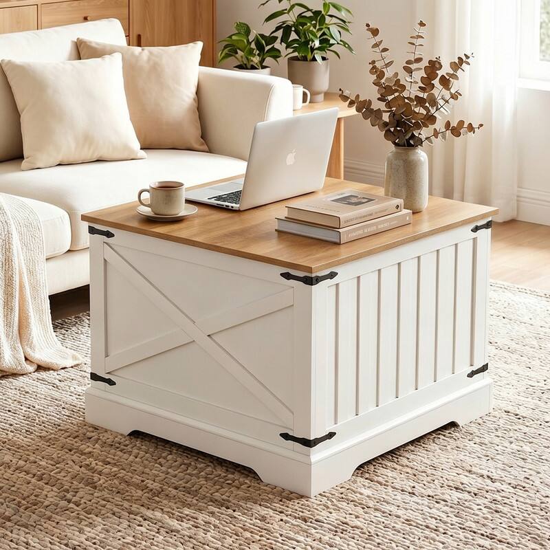Angle. WELLFOR - 31.5 " Farmhouse Lift Top Coffee Table  with Large Hidden Storage, Square Wood Center Table for Living Room - Brown.