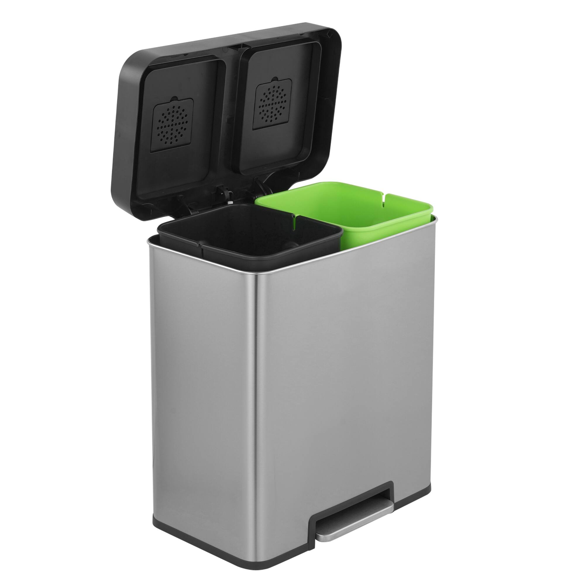 Left. Innovaze - 10.6 Gallon Rectangular Stainless Steel Recycle Step-on Trash Can with Dual 20 liter + 20 liter Compartments for Kitchen - Sliver.