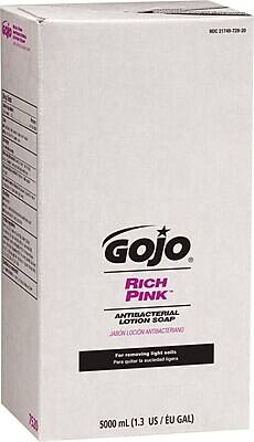NOC 21749-729-20

GOJO RICH PINK ANTIBACTERIAL LOTION SOAP  
JABÓN LOCION ANTIBACTERIANO

For removing light soils  
Para quitar la suciedad ligera

5000 mL (1.3 US / EU GAL)