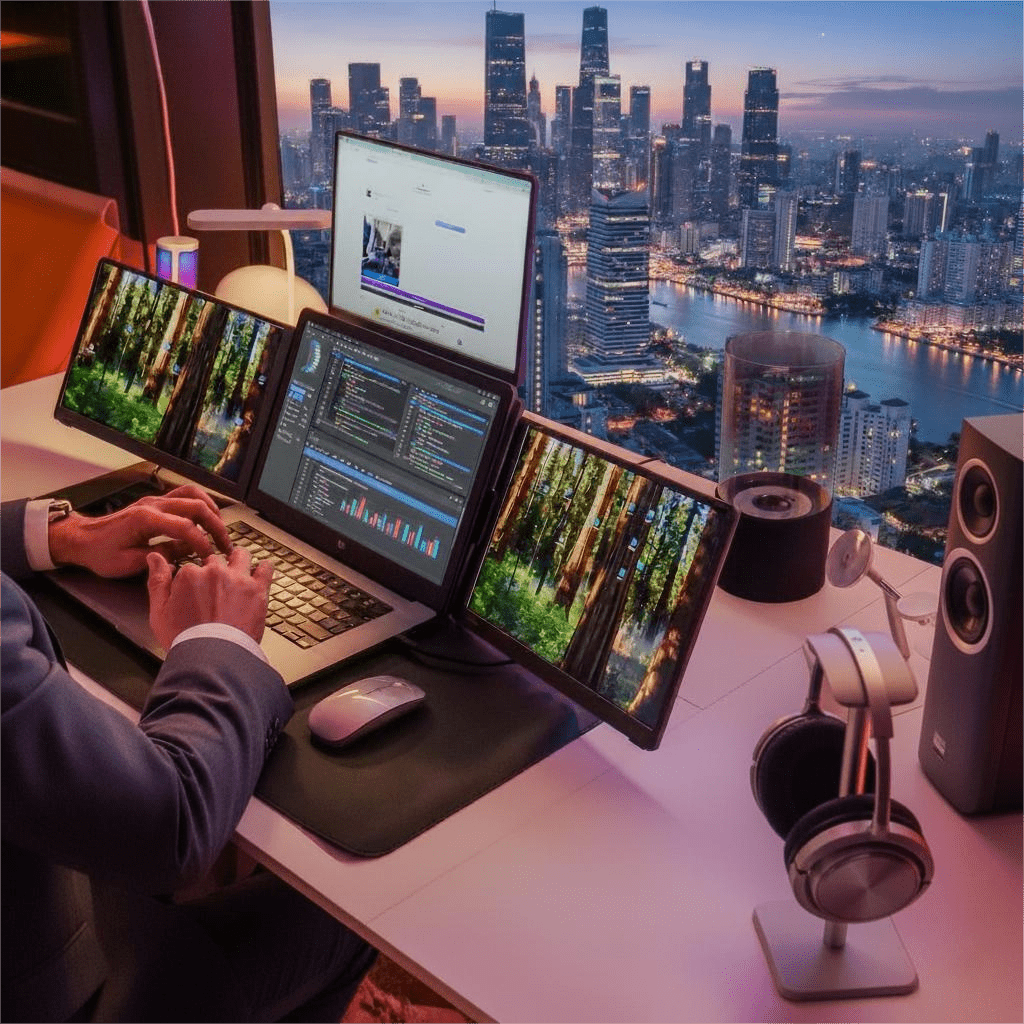 Alt View 3. INVZI - INVZI MagHub Quad 14” Laptop Screen Extender – 3 Portable FHD IPS Monitors, USB-C Plug & Play, 4-Screen Setup.