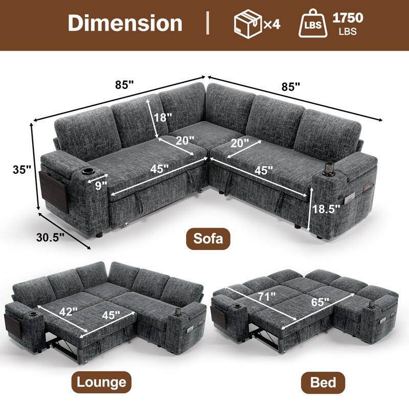 Dimension  
Sofa: 85" x 45" x 35" x 18" x 20" x 18.5"  
Lounge: 42" x 45" x 30.5"  
Bed: 71" x 65"  
Weight: 1750 LBS  
Boxes: x4