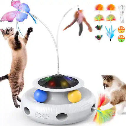 Front. Pawtners - 4-in-1 Interactive Cat Toy with Fluttering Butterfly, Track Balls, Ambush Feather, Rechargeable for Cats - White.