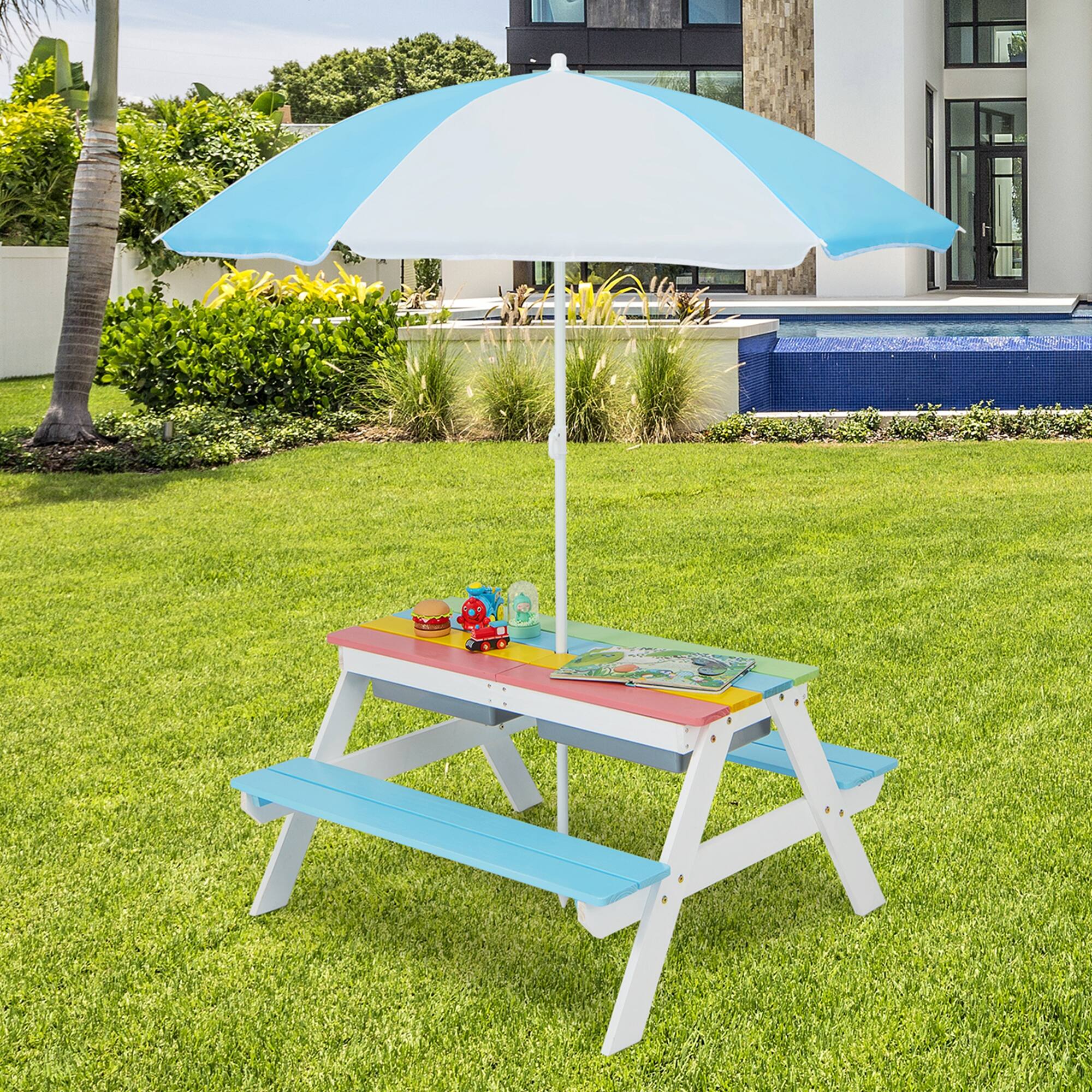 Alt View 1. Costway - Costway 3-in-1 Kids Picnic Table Wooden Outdoor Sand & Water Table with Umbrella Play Boxes - Blue.