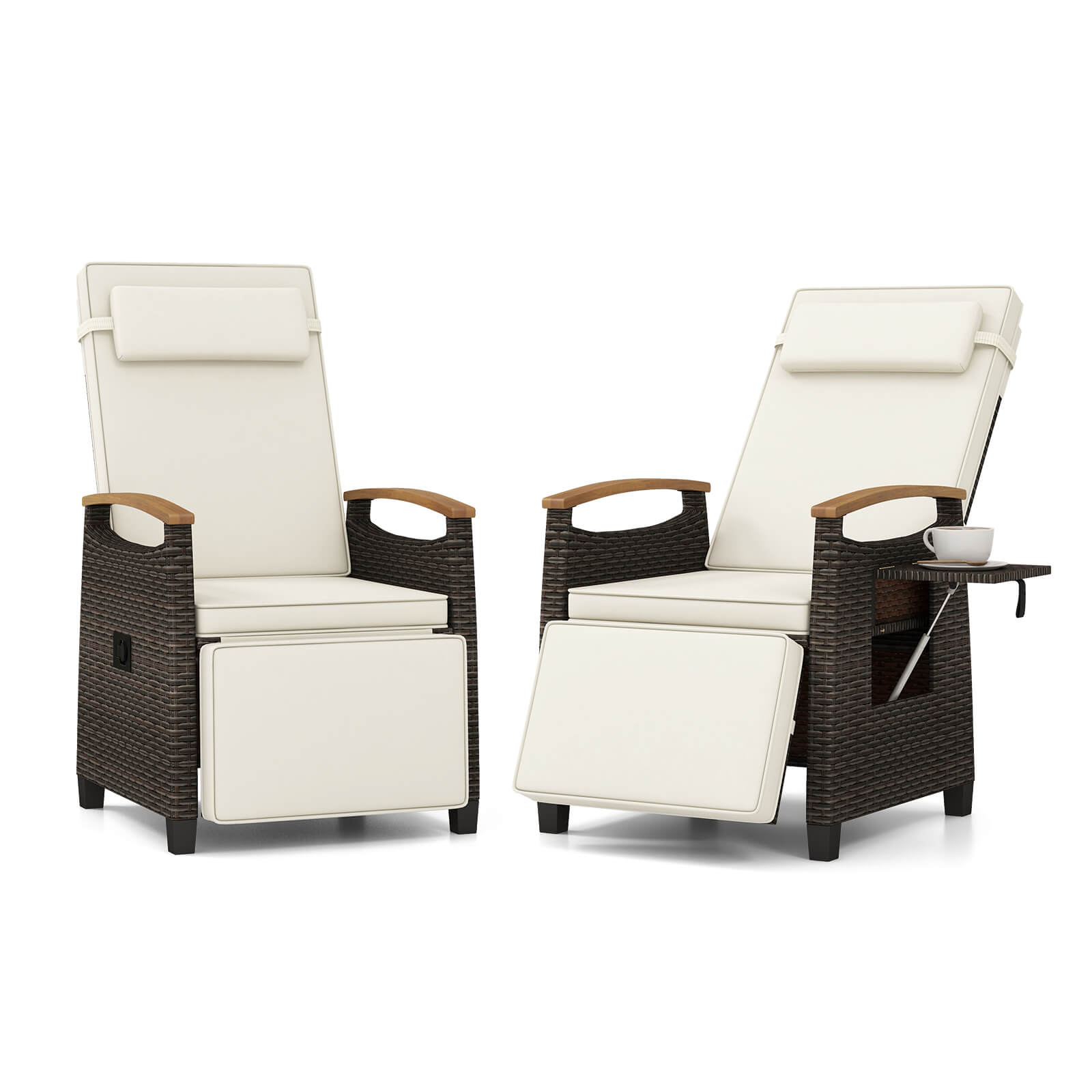 Alt View 8. Costway - 2 PCS Patio Wicker Recliner Chair with Adjustable Backrest Footrest Flip Side Table - White.