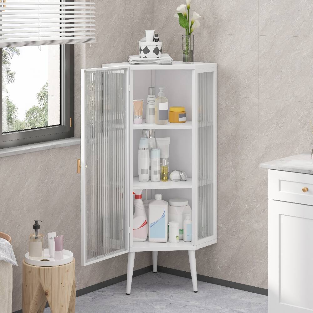 Left. Loheer - Loheer White Floor Corner Cabinet, Freestanding Metal Storage with Tempered Glass Doors for Bathroom - White.