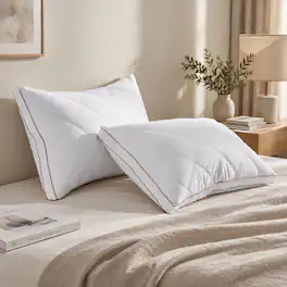 Peace Nest - Medium-Firm Goose Feather Down Bed Pillows Set of 2 with 1.5 inch Gusset - White