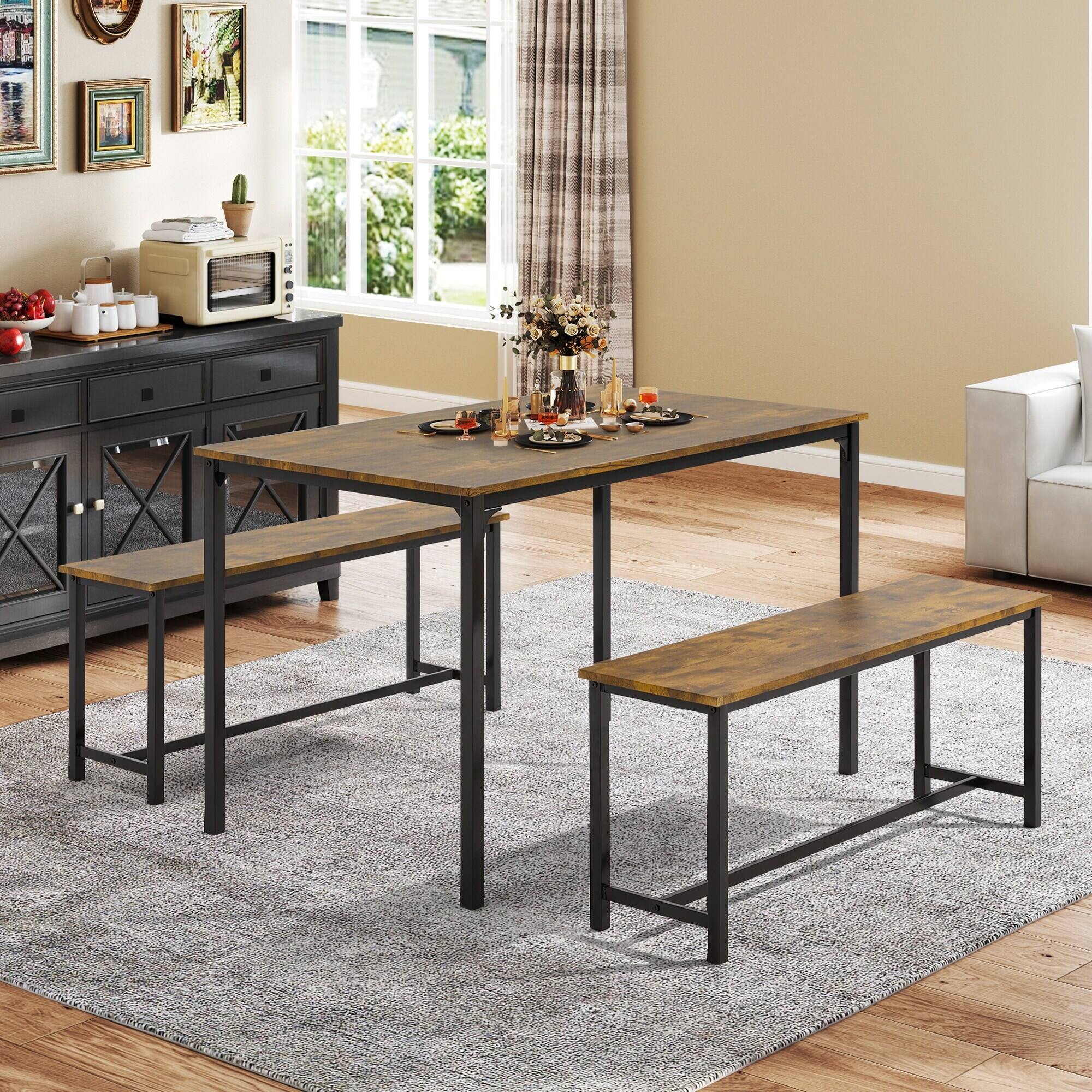 Alt View 5. U-HOMY - 3-Piece Dining Table Set for 4-6, Faux Marble Top with PU Leather Benches and Storage Shelf - Wood&Black.