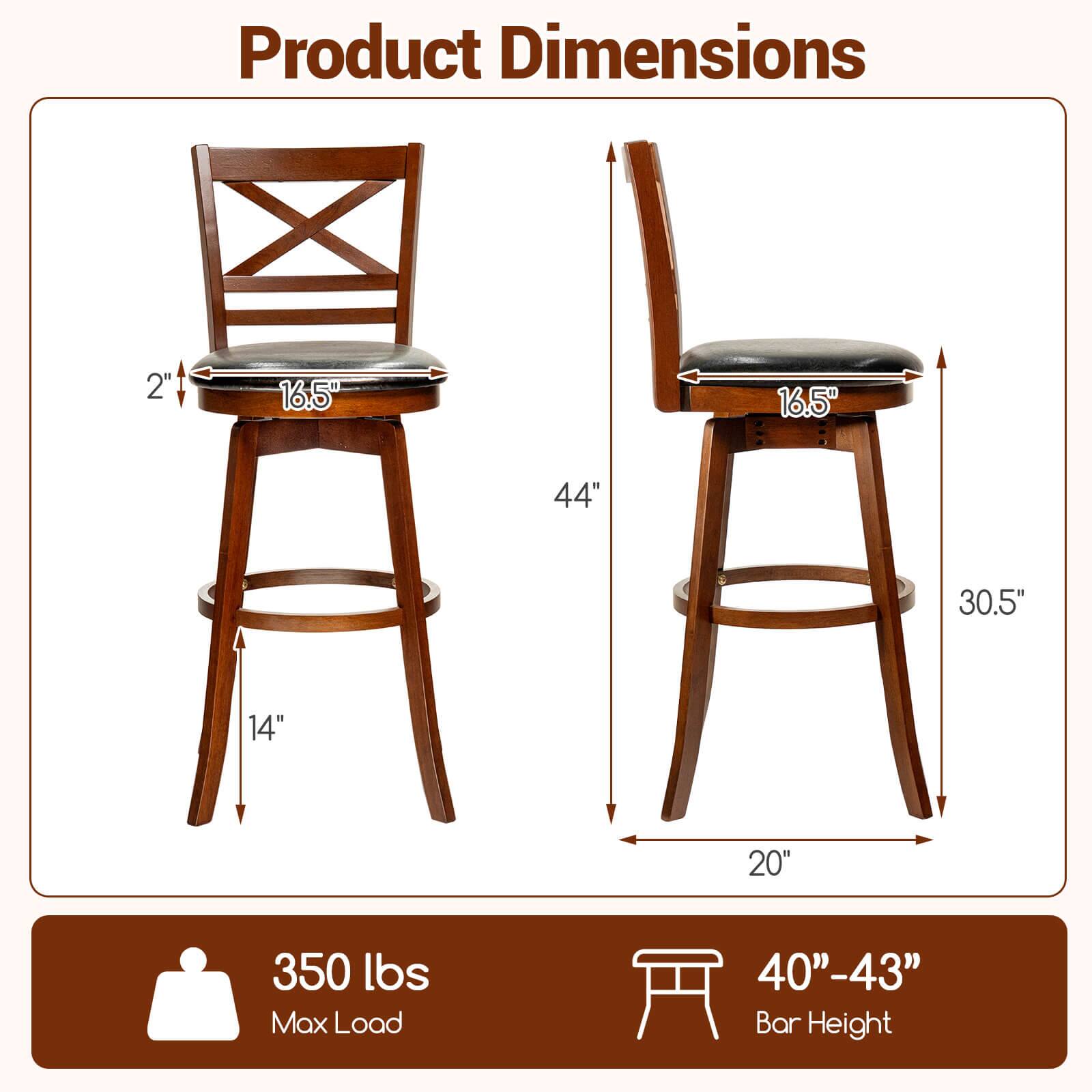 Product Dimensions  
2" 16.5" 16.5" 44" 30.5" 14" 20"  
350 lbs Max Load  
40"-43" Bar Height