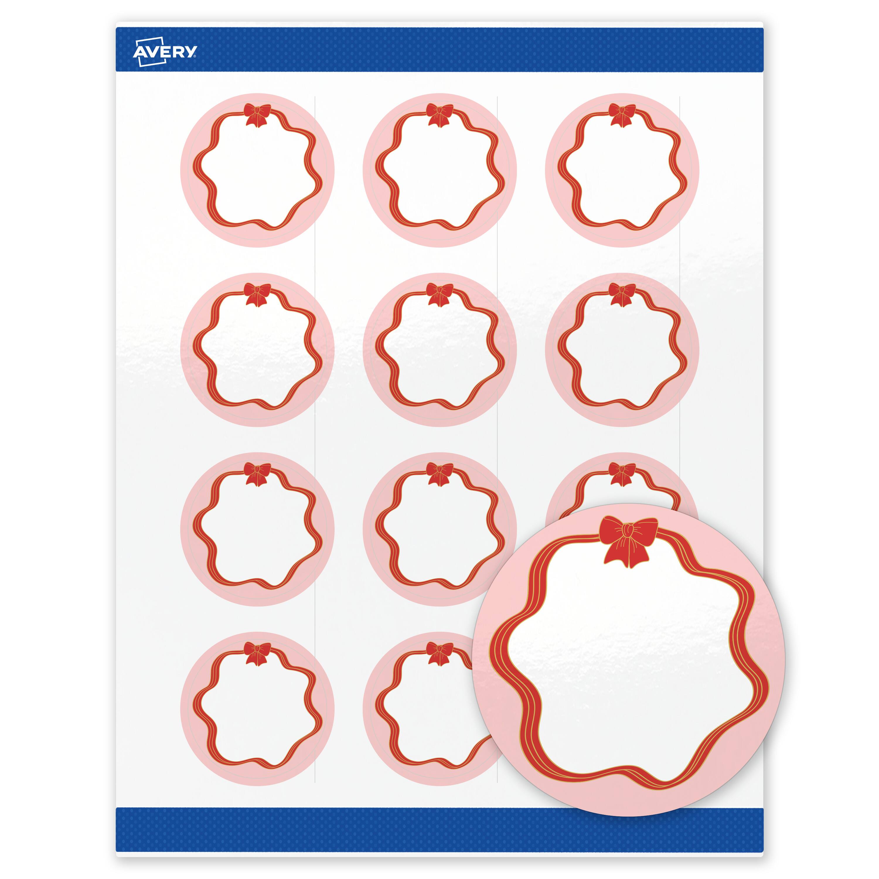 Front. Avery - Avery® Labels, 2" Diameter, Glossy White, Pink/Red & Gold Bow - White.
