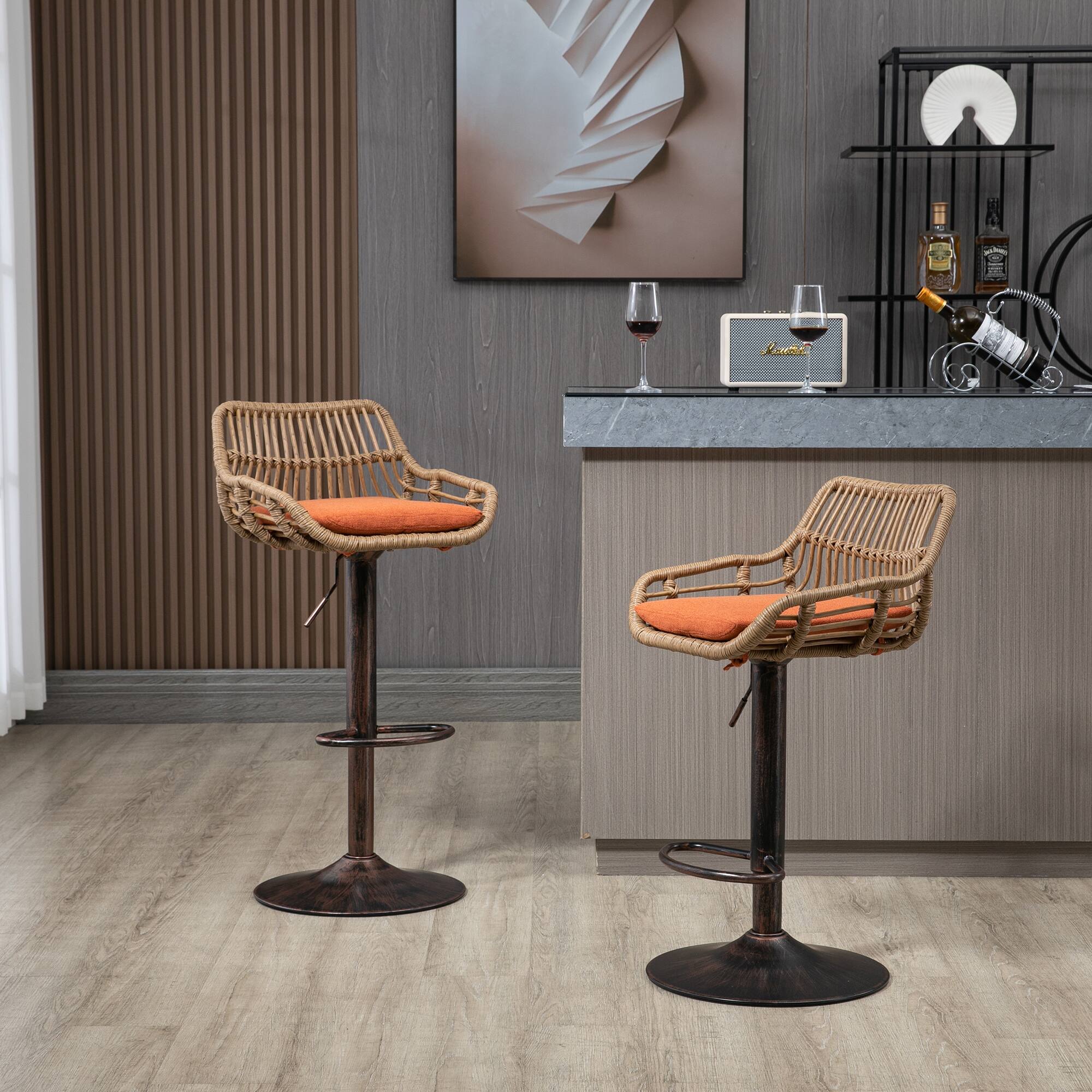 Alt View 2. Trinkets Crazed - Rattan Bar Stools Set of 2, Adjustable Barstools with Linen Cushion, 360° Swivel Bar Stool for Kitchen and Bar - Orange.