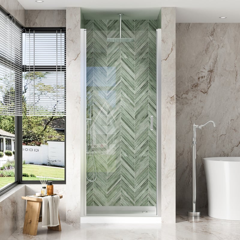 WELLFOR - 32-7/16"-34"W x 72" H Semi-Frameless Pivot Shower Door -1/4 in. Tempered Glass, Easy Clean Coating - Chrome