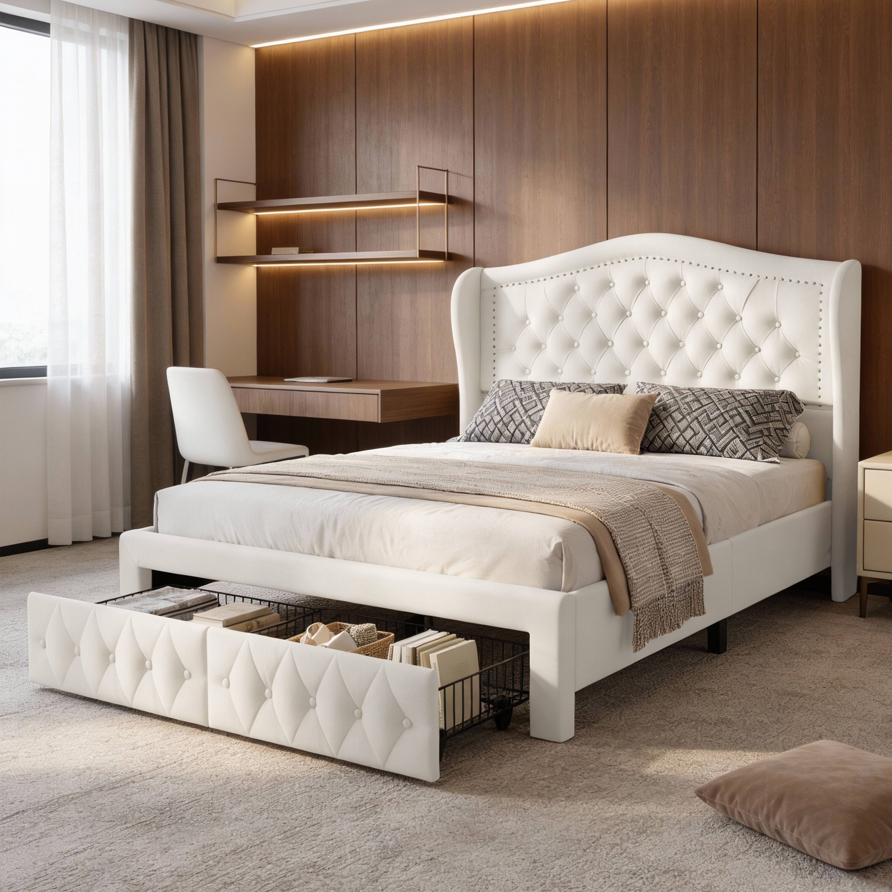 Alt View 8. Vipbear - Queen Upholstered Platform Bed Frame with 2 Storage Drawers & 52.6" Tall Headboard, No Box Spring Needed - beige.