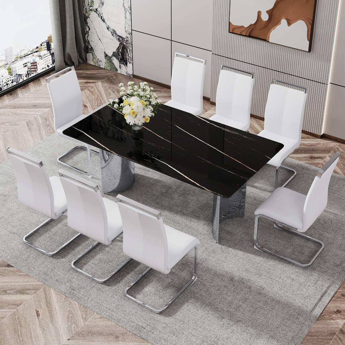 Alt View 4. Loheer - Loheer Black Faux Marble Glass Dining Table with Silver Metal Legs, Modern Minimalist Design - Black.