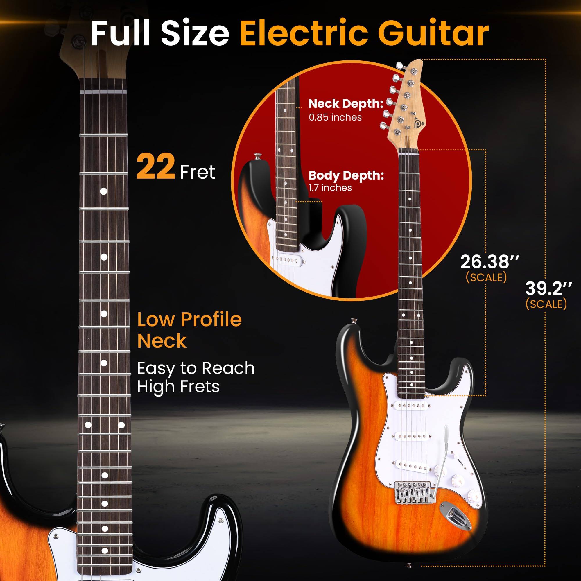 Full Size Electric Guitar  
Neck Depth: 0.85 inches  
Body Depth: 1.7 inches  
22 Fret  
Low Profile Neck  
Easy to Reach High Frets  
26.38" (SCALE)  
39.2" (SCALE)