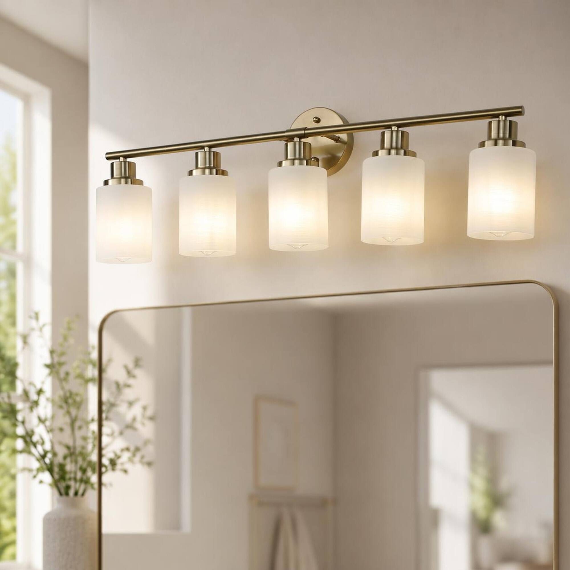 Front. RYHNUYNE - 5‑Light Bathroom Vanity Light,Modern Wall Sconce with Milky White Frosted Glass Shades - Coppery.