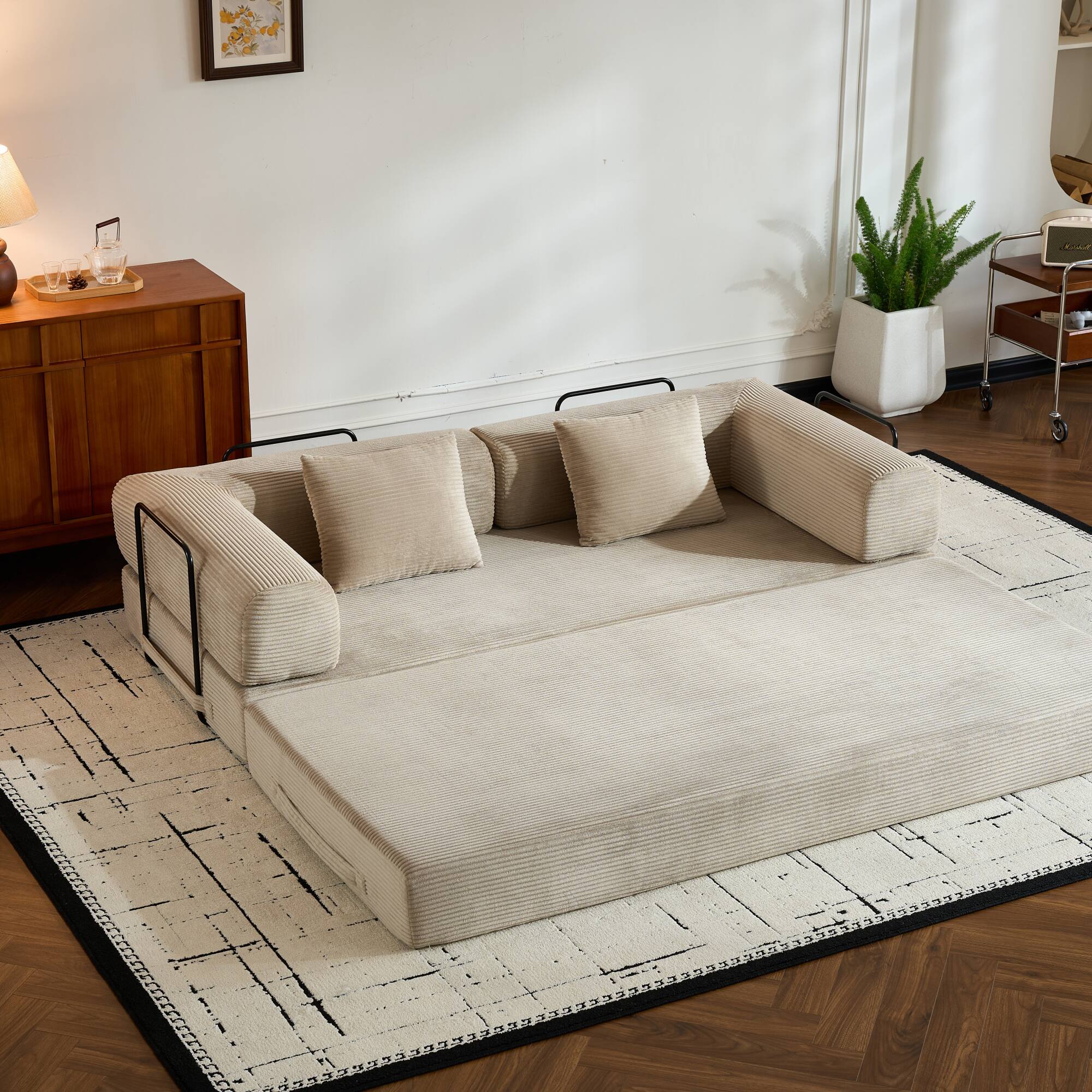 Back. GOODSILO - Convertible Sleeper Sofa in Cylindroy Fabric | Features a Cylindrical Pillow & Space-Saving Foldable Design - Beige.