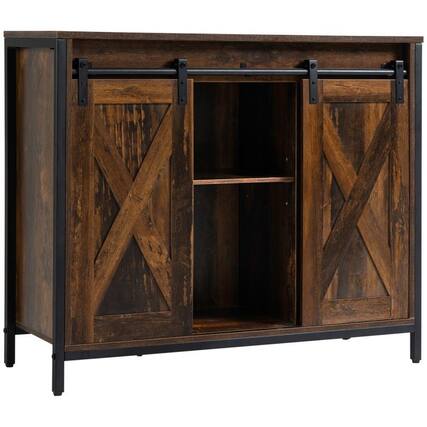 Front. PULUZ - Industrial Sideboard Buffet Cabinet, Coffee Bar Cabinet, Kitchen Cabinet with Sliding Barn Doors - Rustic Brown.