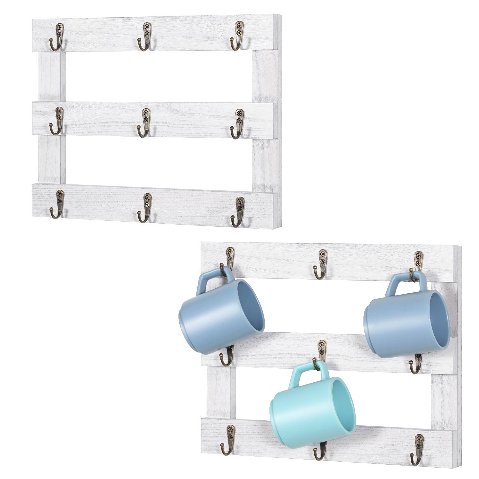Front. Oumilen - White Wood Wall Mounted Mug Rack – 2 Pack Coffee Cup Holder with Metal Hooks for Kitchen Wall Storage - White.