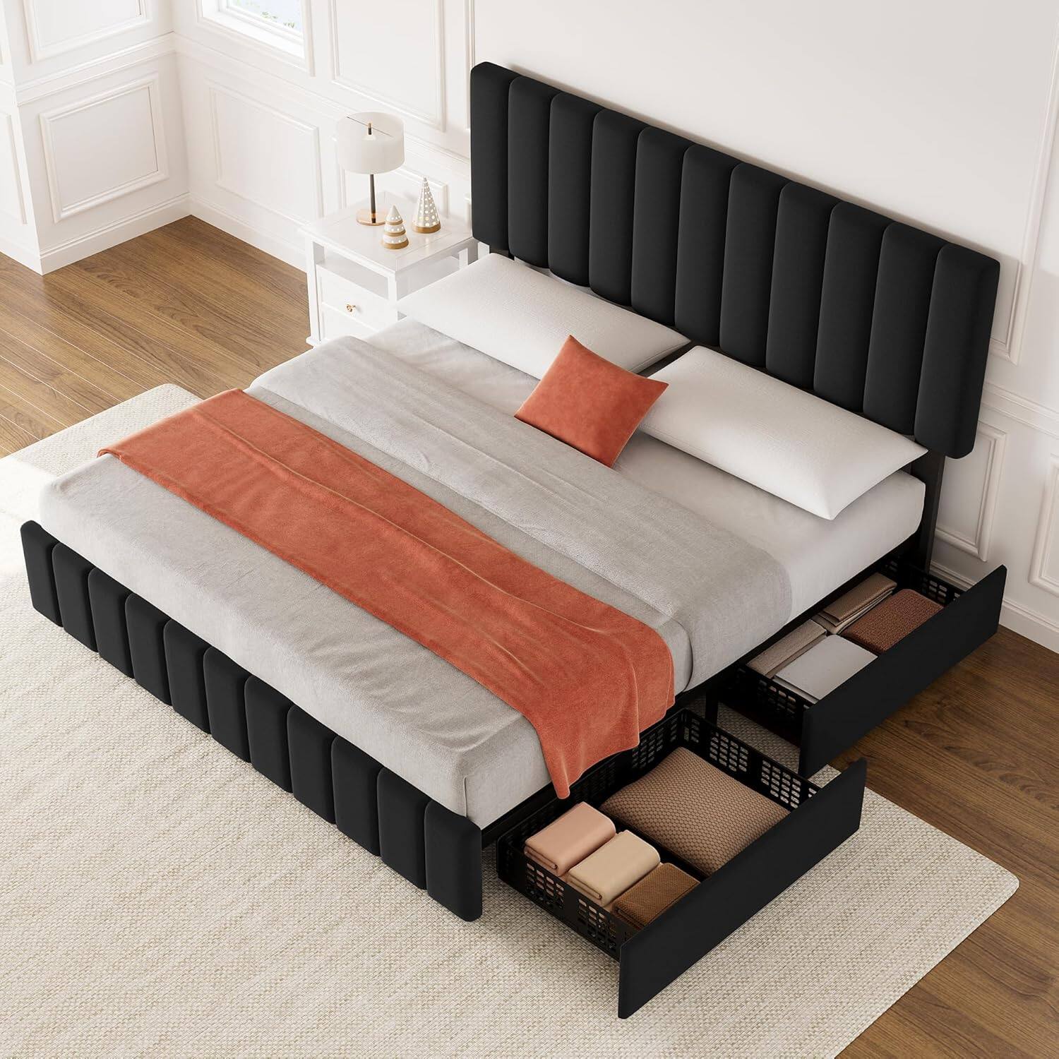 Alt View 3. Jojoka - King Size Upholstered Storage Bed Frame with 4 Drawers, Adjustable Headboard, Wood Slats, No Box Spring, Black - Black.
