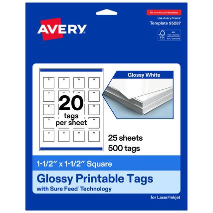 Go to avery.com/templates
AVERY
Use Avery Presta Template 95287
MIX Paper | Supporting FSC® C007276
Glossy White
20 tags per sheet
25 sheets
500 tags
1-1/2" x 1-1/2" Square
Glossy Printable Tags with Sure Feed Technology for Laser/Inkjet