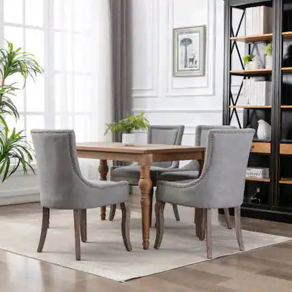 Front. LUCKY ONE - Assembled Ultra Side Dining Chair Set of 2 Thickened Fabric Chairs with Solid Wood Legs Bronze Nailhead - Gray.
